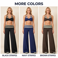 Ensemble deux pièces sport : Soutien-gorge de sport et pantalon large à taille haute pliable, avec bande de taille rayée, coussinets amovibles, personnalisable pour le yoga (OEM/ODM)