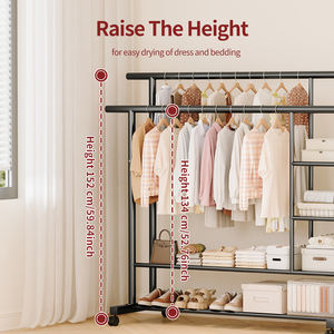 厚手の金属製ダブルロッド衣類ラックボトム<span class=keywords><strong>2</strong></span>面棚付き多機能ホイール付きモダンなリビングルーム収納 - Product Image 4