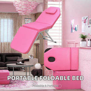 Table de massage portable et pliable avec appui-tête intégré, en cuir PU rose, structure métallique, mobilier de salon pour usage en spa et thérapie - Product Image 2