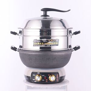 <b>Electric</b> Wok Stainless Steel Double Layer Steam Pot Mechanical Control 400C Heat Resistant Kitchen Cooking Appliance - Product Image 1