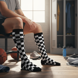 College Sports <b>Socks</b> with <b>Black</b> Checkered Pattern and Colorful Design - Product Image 3