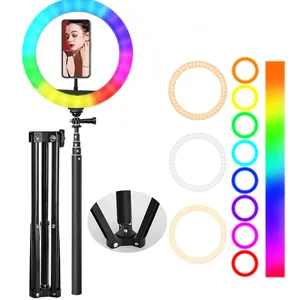 Anillo de luz led circular para selfie, palo de selfi de 10 pulgadas RGB con trípode, soporte para teléfono, vídeo en vivo, luz fotográfica