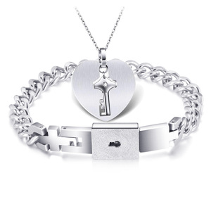 Titanium Steel Couple <b>Bracelet</b> And Necklace Set Heart Lock Key Design Gift For <b>Love</b> Unisex Jewelry - Product Image 1