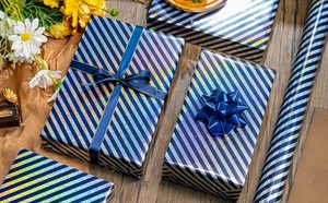 Luxurious high end <b>blue</b> embossed striped laser gift <b>wrapping</b> <b>paper</b> suitable for Fathers Day Valentines Day Christmas and wedding - Product Image 3