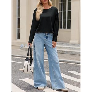 Haut court à manches longues pour femme, coupe ample, col rond, style décontracté, idéal pour le yoga - Product Image 3