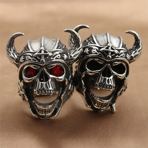 Skull <b>Ring</b> Men's Punk Style <b>Titanium</b> Steel Silver Red Eyes Viking Helmet Design Fashion Jewelry Gift 24040 - Product Image 1