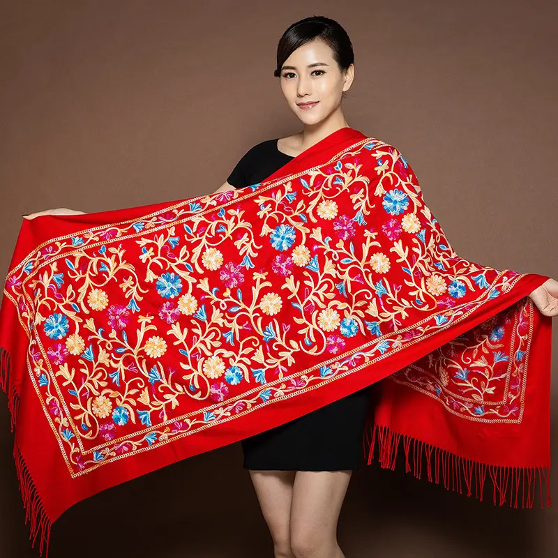 Großhandel Blume bestickt dicken Schal in ethnischer Farbe Kaschmir Pashmina Schal Kaschmir Stickerei Schals für Frauen