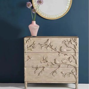 <span class=keywords><strong>Commode</strong></span> bohème à 3 tiroirs en bois massif, buffet rustique fait main avec motifs floraux en relief, meuble de rangement d'appoint antique pour salon - Product Image 3