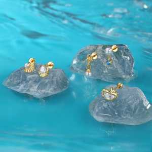 Boucles d'oreilles en argent sterling S925 avec zircon géométrique, coquillage, étoile de mer et perle - Product Image 3