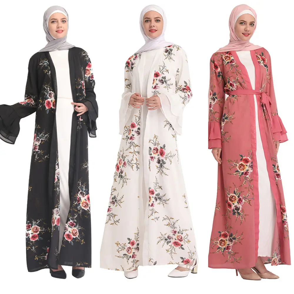 स्टाइलिश और सुरुचिपूर्ण मध्य पूर्वी फैशन दुबई कार्डिगन डिजिटल मुद्रित मनके शिफॉन महिलाओं कफ्तान कपड़े