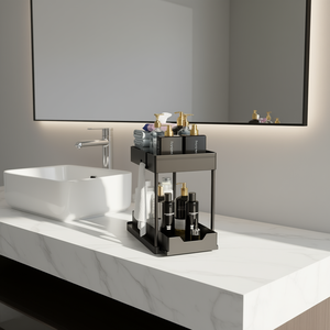 Organisateur de salle de bain noir à 2 niveaux avec tiroirs coulissants, étagère de rangement pour lavabo, design minimaliste en plastique autoportant - Product Image 2