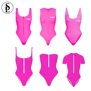 2023 Custom Color Logo Sport Swim Scoop Neck Zip Up Girls Shiny Swimwear Women Sexy One Pieces Swimsuit