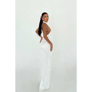 Vestido de Gala de Satén Blanco de Lujo con Detalles de Encaje, Cintura Imperio, Cintura Baja, Estilo Sencillo, Disponible en Talla XS - Product Image 1