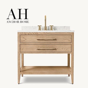 <span class=keywords><strong>Mobile</strong></span> <span class=keywords><strong>Bagno</strong></span> Minimalista AH in Rovere Bianco con Lavabo Singolo, Top in Marmo, Accessori Dorati, 2 Cassetti, Ripiano e Gambe Affusolate - Product Image 1