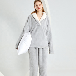Pantaloni in pigiama con risvolto da <span class=keywords><strong>donna</strong></span> su misura set Casual <span class=keywords><strong>abbigliamento</strong></span> da <span class=keywords><strong>casa</strong></span> in flanella invernale - Product Image 2