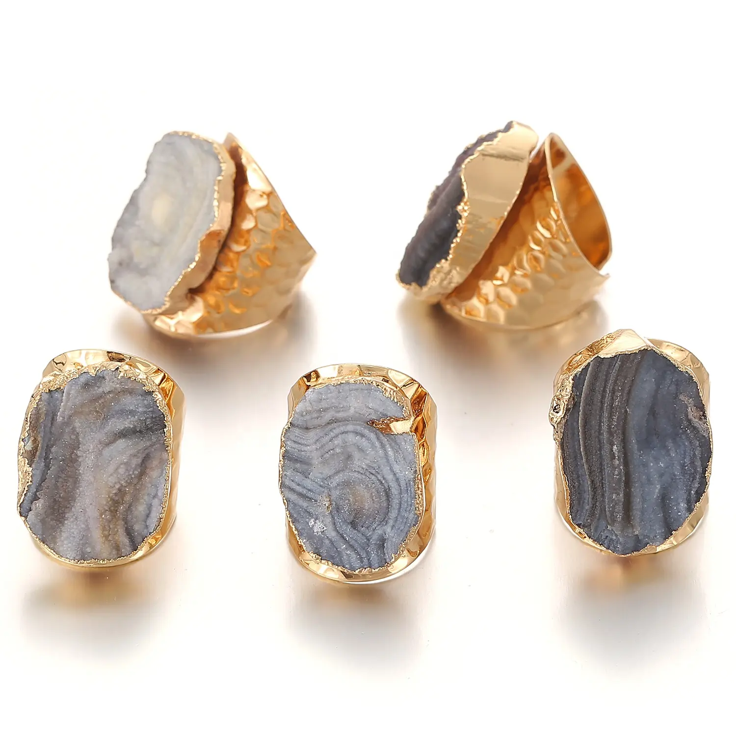 Anel irregular genuíno, pedra cruzada ajustável para mulheres quartzo modo leve anéis abertos com ouro banhado