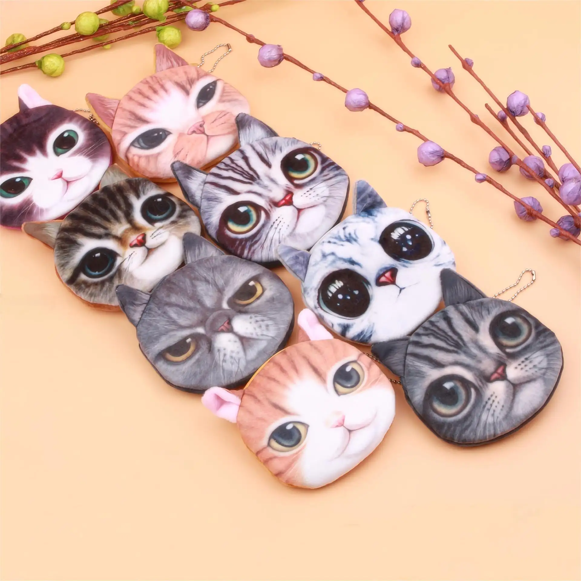 Wholesale New products Various colors cat design novelty canvas bags Mini coin purse keychain wallet for kids girl