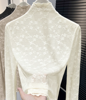 Chemisier à col montant en dentelle pour femme, haut en maille semi-transparente à manches longues, uniforme de travail pour rendez-vous