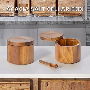 Boîte à sel en bois d'acacia écologique, boîte à épices de cuisine avec couvercle rotatif, récipient de stockage pour assaisonnements et poivre, outils à épices, compatible lave-vaisselle - Product Image 2
