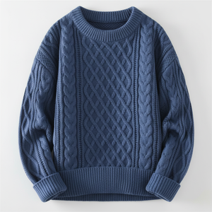 Suéter de punto de cable azul para hombre, Jersey de invierno informal, cuello redondo cálido, prendas de punto suaves, patrón clásico, moda de manga larga - Product Image 1