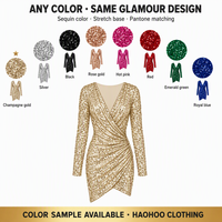 Robe Mini Asymétrique Moulante à Paillettes Personnalisée Col V Profond Manches Longues Froncée pour Femme – Vente en Gros Fabricant OEM
