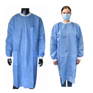 Tablier de blouse de laboratoire bleu jetable non tissé de taille personnalisée avec poches manchette de col en tricot pour l'industrie alimentaire