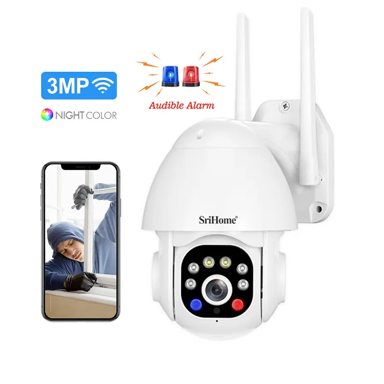 Câmera de segurança sh039b hd com 3mp, câmera de vigilância externa com alarme auditivo, bidirecional, ip e vídeo de 360, cor completa