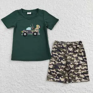 夏季学步男童服装套装刺绣汽车狗短袖军绿色短裤两件套男童服装