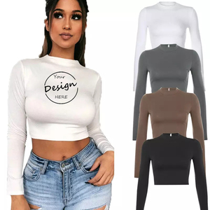OEM-<span class=keywords><strong>T</strong></span>-shirts courts sexy basiques élégants pour femmes Vente en gros-Top court à manches longues décontracté sérigraphie pour femmes - Product Image 2