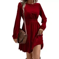 Robe moulante en velours bordeaux à manches longues avec taille élastique pour femme, idéale pour les fêtes printemps-été