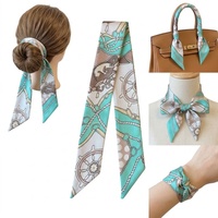 Écharpe fine vert menthe à motif marin, ruban de poignet pour femme, bandeau pour cheveux, attache pour poignée de sac, cravate