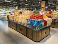Système d'étagères de présentation pour supermarchés, étagères en métal et en bois, présentoir double face pour produits de vente au détail