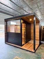 Sauna Exterior Moderna Tipo Cubo para 4-6 Personas con Terraza, Sauna de Vapor de Madera de Cedro Rojo con Pared de Vidrio Panorámica para Jardín