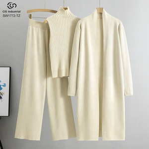 Nuevo traje de punto sencillo elegante para <span class=keywords><strong>mujer</strong></span>, camiseta sin mangas, suéter largo, cárdigan, pantalones sueltos, conjuntos de tres piezas, conjunto de suéter para <span class=keywords><strong>mujer</strong></span> - Product Image 3