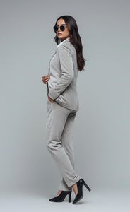 Elegante Conjunto de Pantalón y Blazer de Terciopelo Gris Claro para Mujer, con Blazer Entallado y Pantalones Ajustados, Diseño Formal para Negocios - Product Image 5