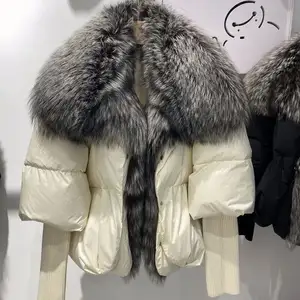 Büyük boy kış sıcak gerçek tilki kürk yaka siyah uzun kaban kadın giyim ceketler 2022 yeni