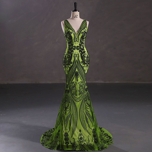 Robe de soirée de bal européenne et américaine sexy à col en V, à sequins, longueur au sol, taille empire, silhouette sirène, sans manches - Product Image 4