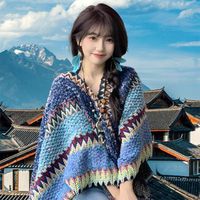 Damen Herbst Winter Strick-Poncho Cardigan Boho Ethnisch Geometrisch Farbblock Cape Schal Wickel mit Quasten Fransen Loser Pullover Oberbekleidung