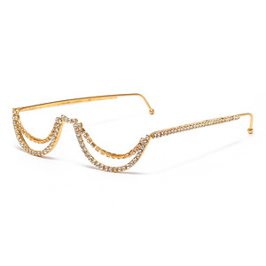 Women's Rhinestone Decorated Double Layer Metal Eyeglass <b>Frames</b> <b>Round</b> Half <b>Frame</b> Without Lenses Gold And Silver Color - Product Image 5