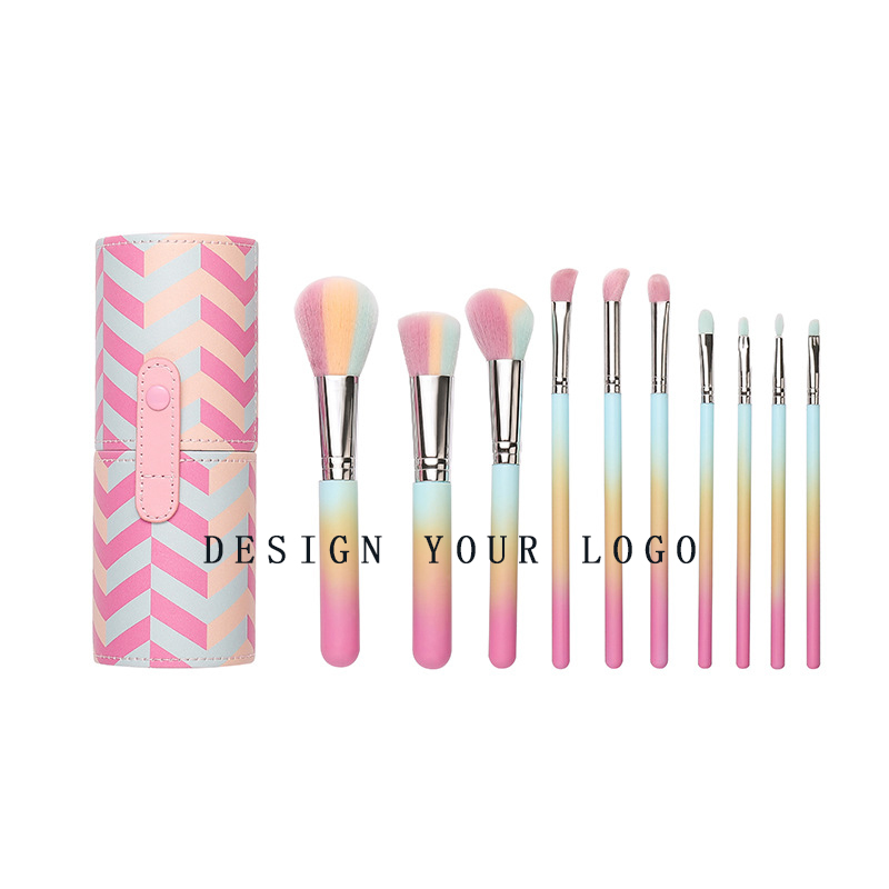 Amazon новый набор цветных кистей для макияжа 10 шт. Набор радужных кистей для макияжа градиентные кисти для макияжа Дизайн Пользовательский логотип с ведром из ПУ