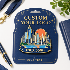 Badge personnalisé en métal avec silhouette de ville, plaqué or, émail dur, cadeau d'affaires - Product Image 1