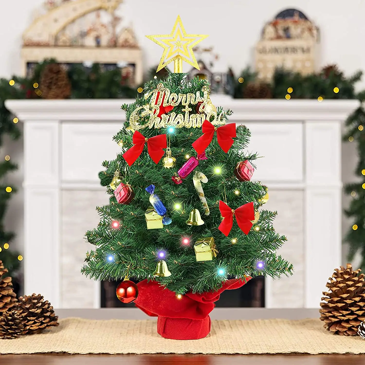 Mini Tabletop Christmas Tree Sliver Artificial Xmas Trees with Base for Desk Table Tops Christmas Decoration