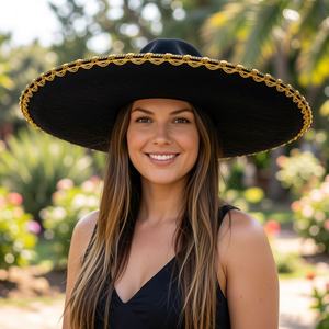 Sombrero de fiesta mexicano de fieltro negro con estampado de calavera y ribete plateado, ajustable, para Cinco de Mayo, Halloween, Carnaval, Mariachi - Product Image 6