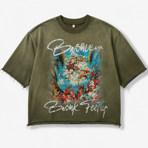 Camisetas <span class=keywords><strong>Mne</strong></span> de streetwear con logo personalizado, de gramaje pesado 300 g/m², con lavado ácido y efecto desgastado por el sol, corte holgado extragrande, bajo sin rematar y bordado desgastado. - Product Image 1