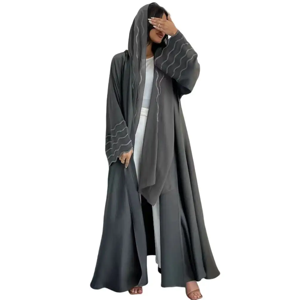 Vendita calda camice islamico modesto abiti arabi ricamo nero aperto Abaya Hijab donna abito musulmano 2 pezzi Abaya Set