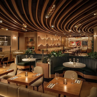 Banquette incurvée en PU, chaise de salle à manger en bois courbé, table ronde sur piétement blanc pour restaurant et bistro de luxe