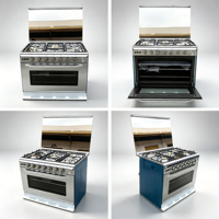Cuisinière à gaz en acier inoxydable avec miroir de 90 cm pour cuisine domestique, cuisinière à gaz autonome avec indicateur de température, four monobloc noir à 5 brûleurs