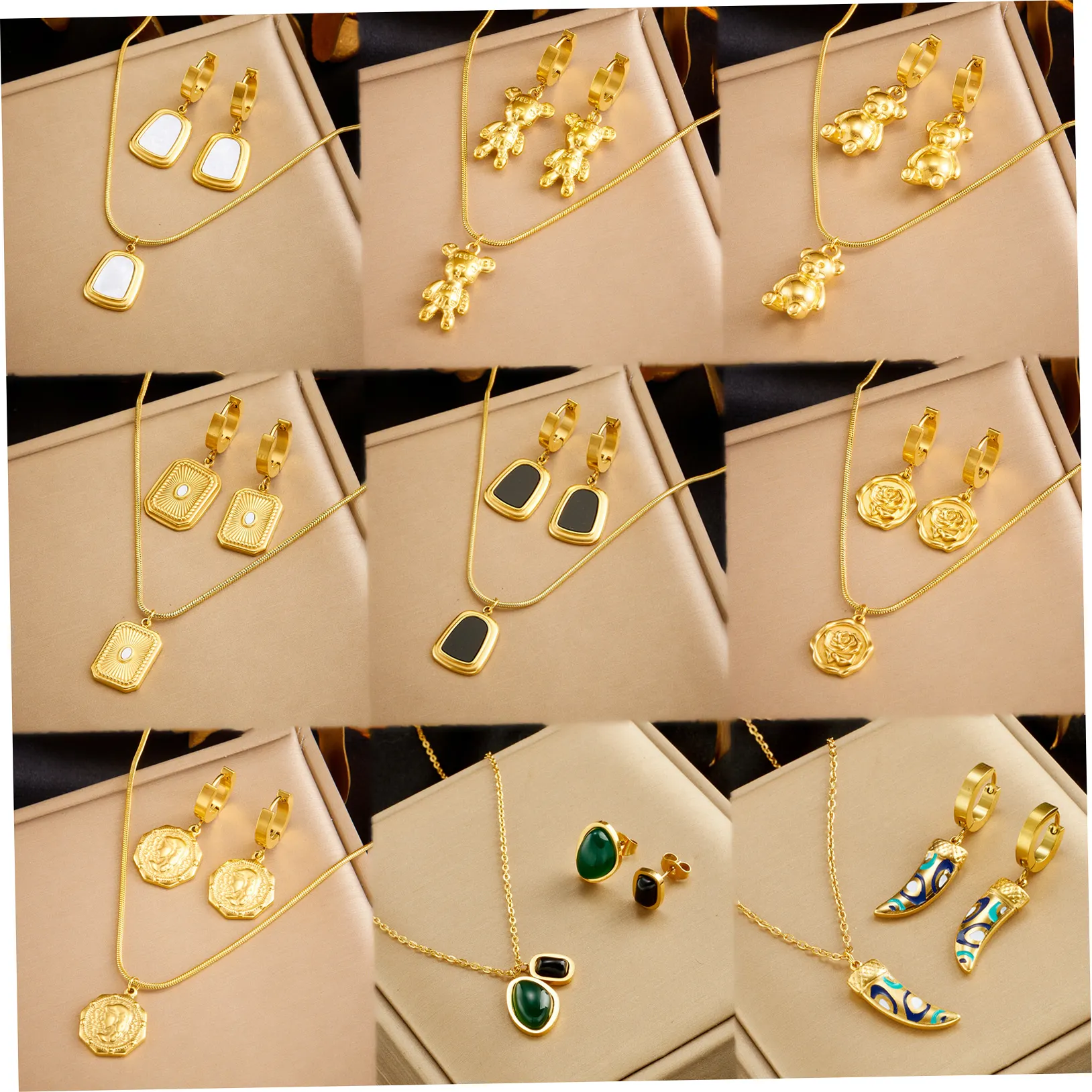 Fashion Stainless Steel Emerald Gold Pendant Necklace Drop Earrings Bracelet Women Vintage Bear Flower Jewelry Set For Gifts