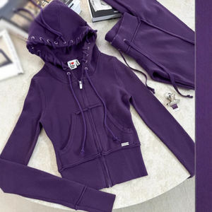 Setelan pakaian wanita mode baru desain kustom Logo bordir jaket ritsleting celana keringat kasual mode 2 potong setelan olahraga lembut wanita - Product Image 2