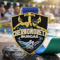 Médailles de natation en métal 2026 personnalisées en alliage de zinc plaqué or avec logo graphique 3D en relief Nageur et Vague